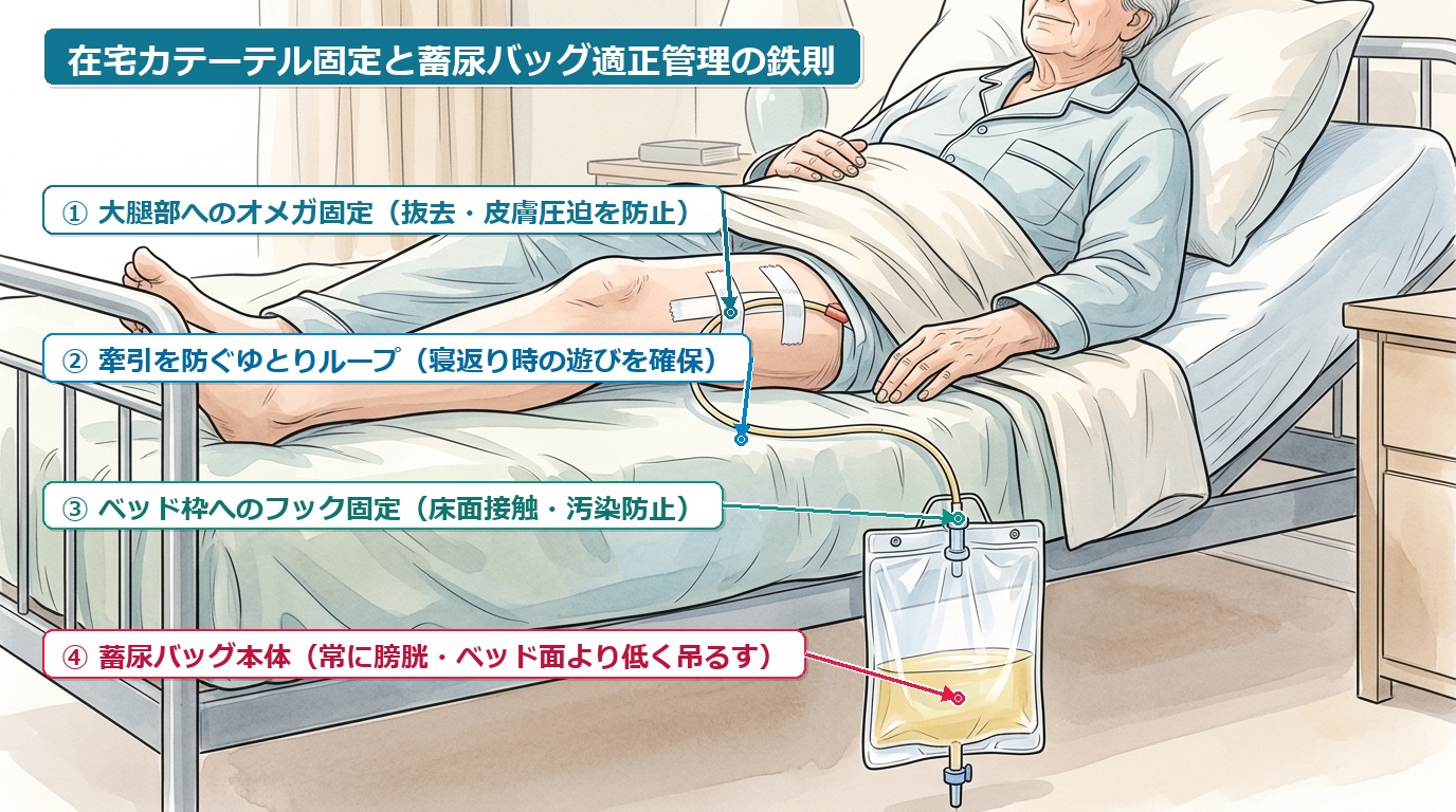 大腿内側へのオメガ固定と蓄尿バッグ適正配置 在宅医療安全管理