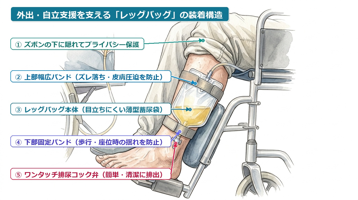 ズボンの下に隠せるレッグバッグと車椅子移動 在宅生活支援