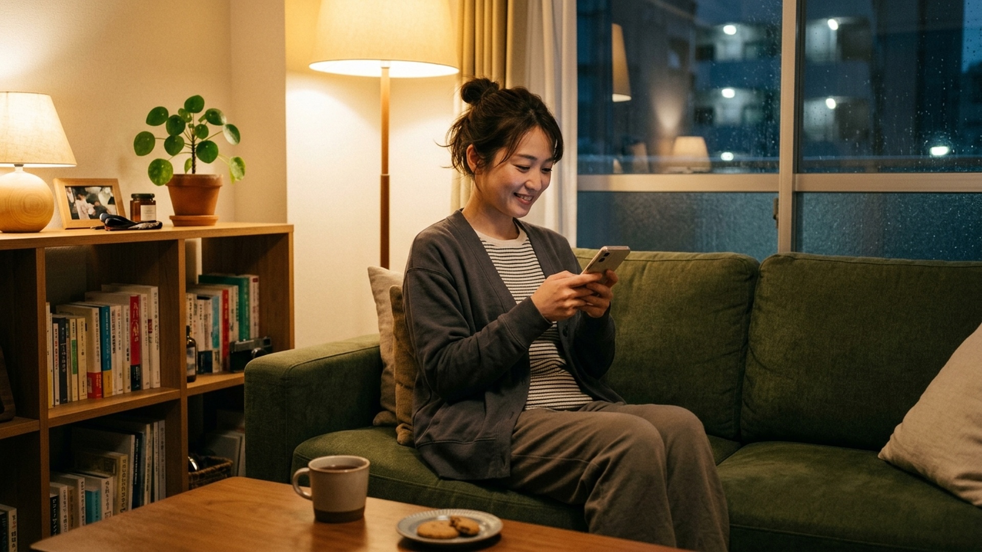 自宅のリビングでリラックスしながらオンコール待機する看護師