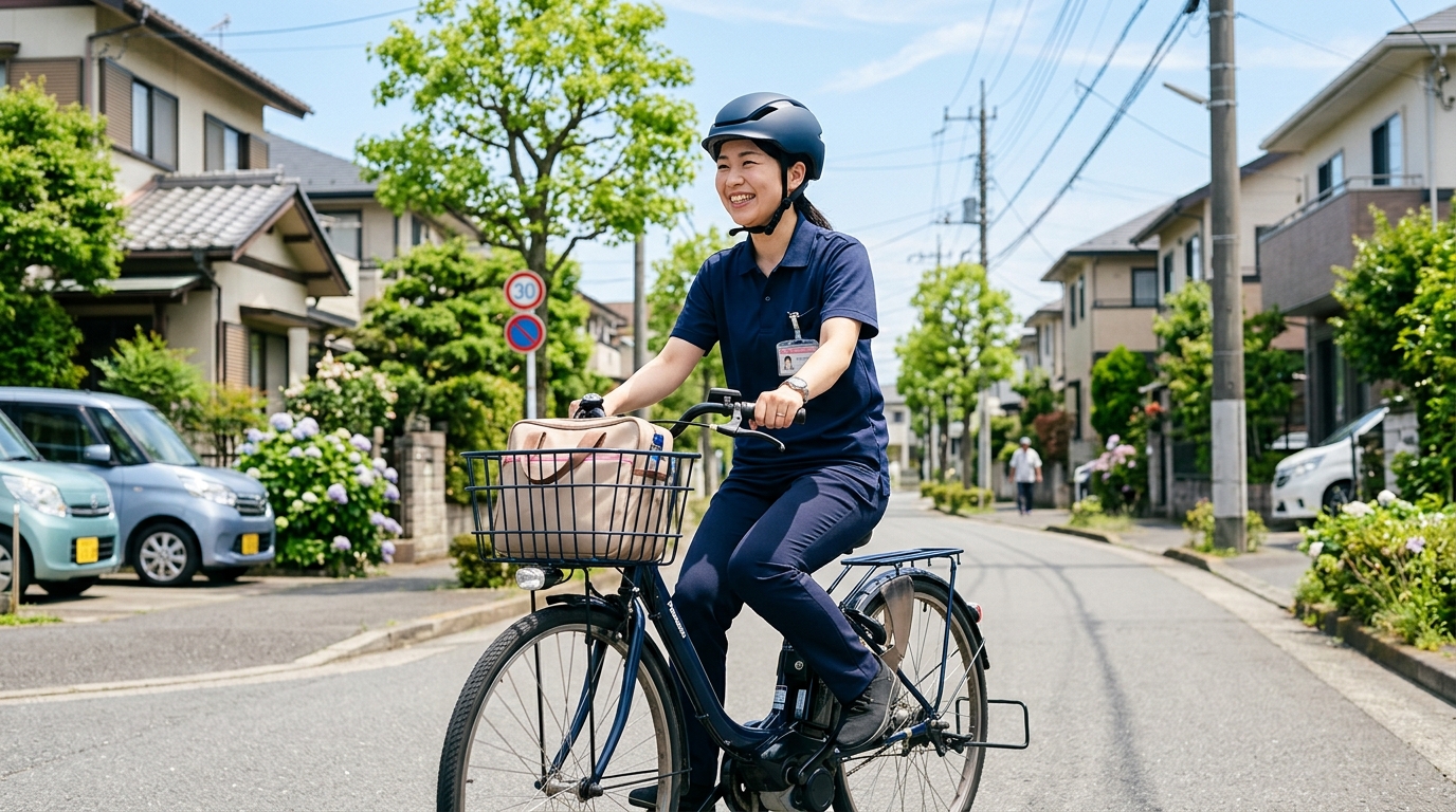 電動アシスト自転車で街を訪問する看護師の様子
