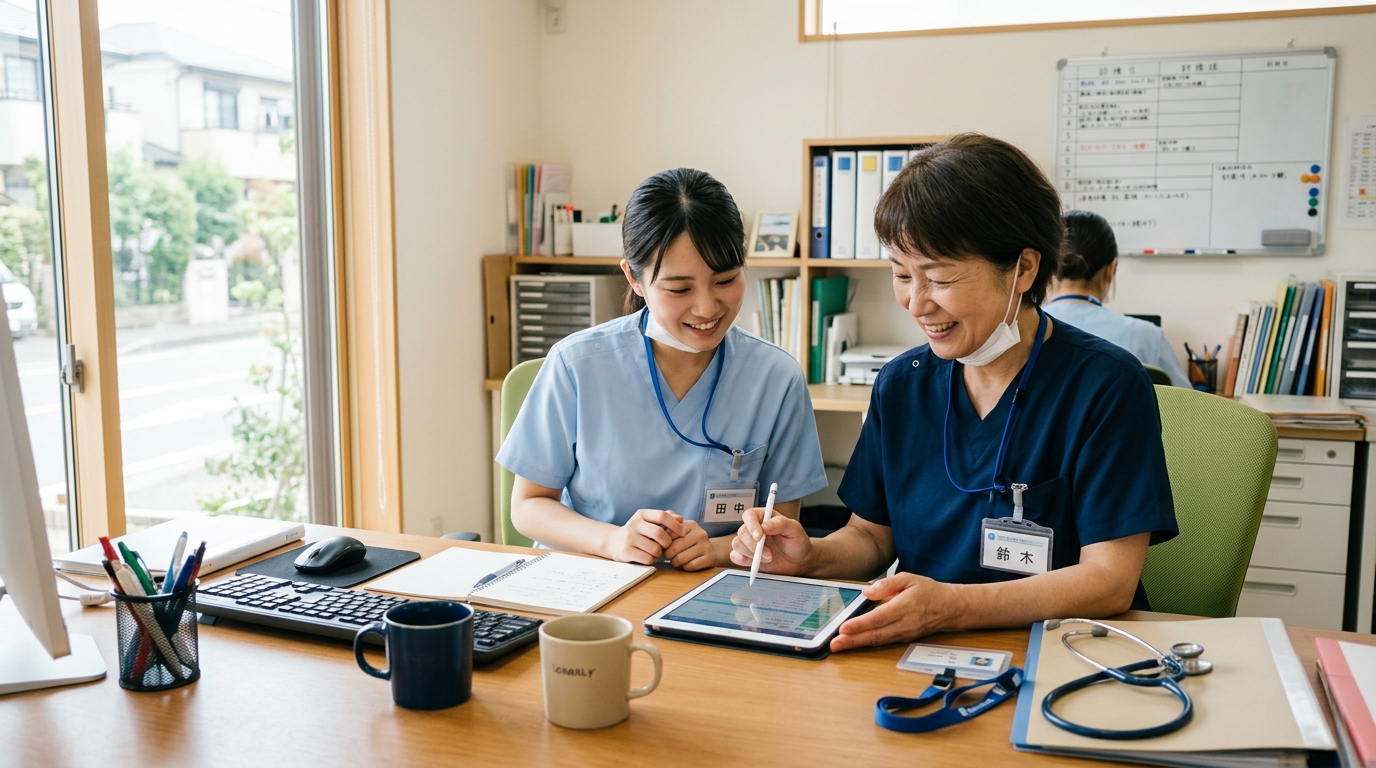 ステーション内で先輩看護師が丁寧に相談に乗る様子