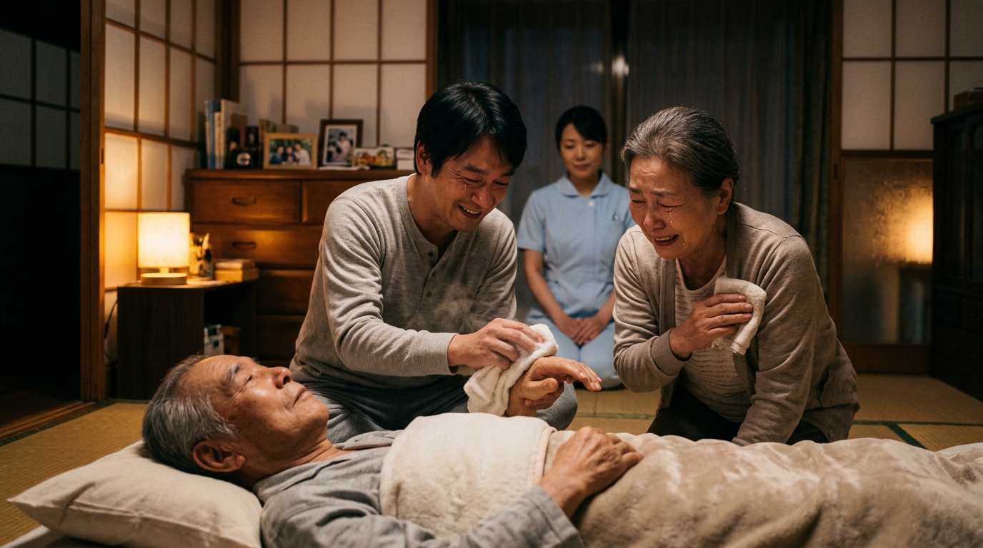 温かいタオルで利用者さんの手を拭き、家族みんなで感謝を伝えるエンゼルケアの温もり