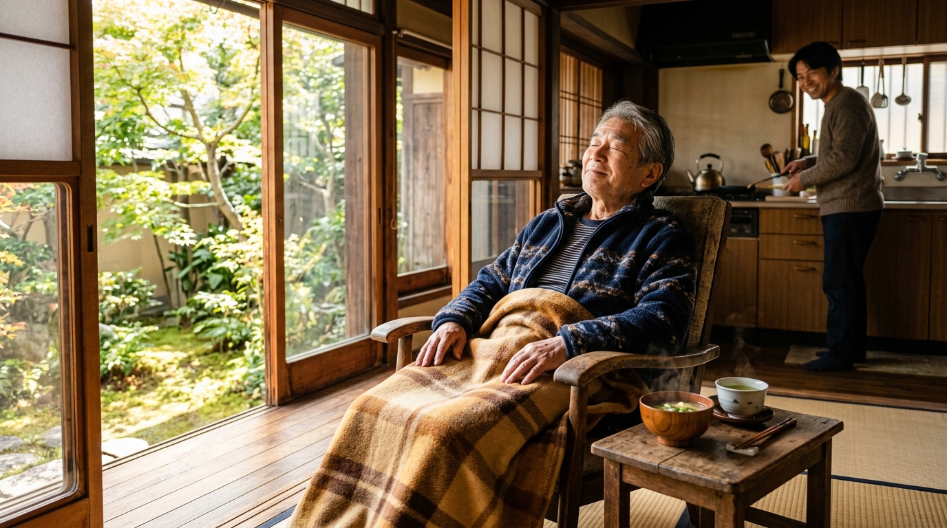 住み慣れた自宅の縁側で、みそ汁の匂いとお茶の湯気に包まれて穏やかに目を細める利用者さん