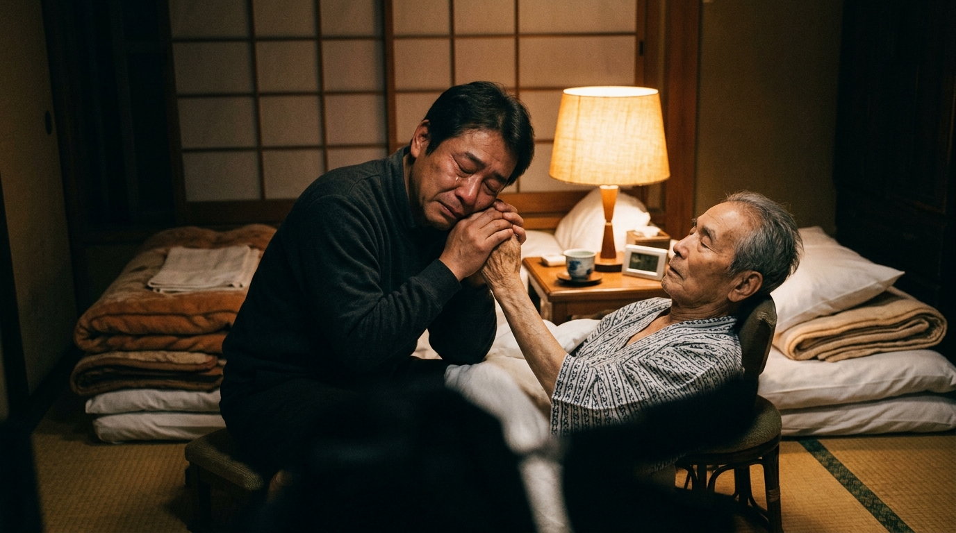病気と向き合い、夜の不安の中で利用者さんの手を握りしめ涙を流す家族の深い愛情